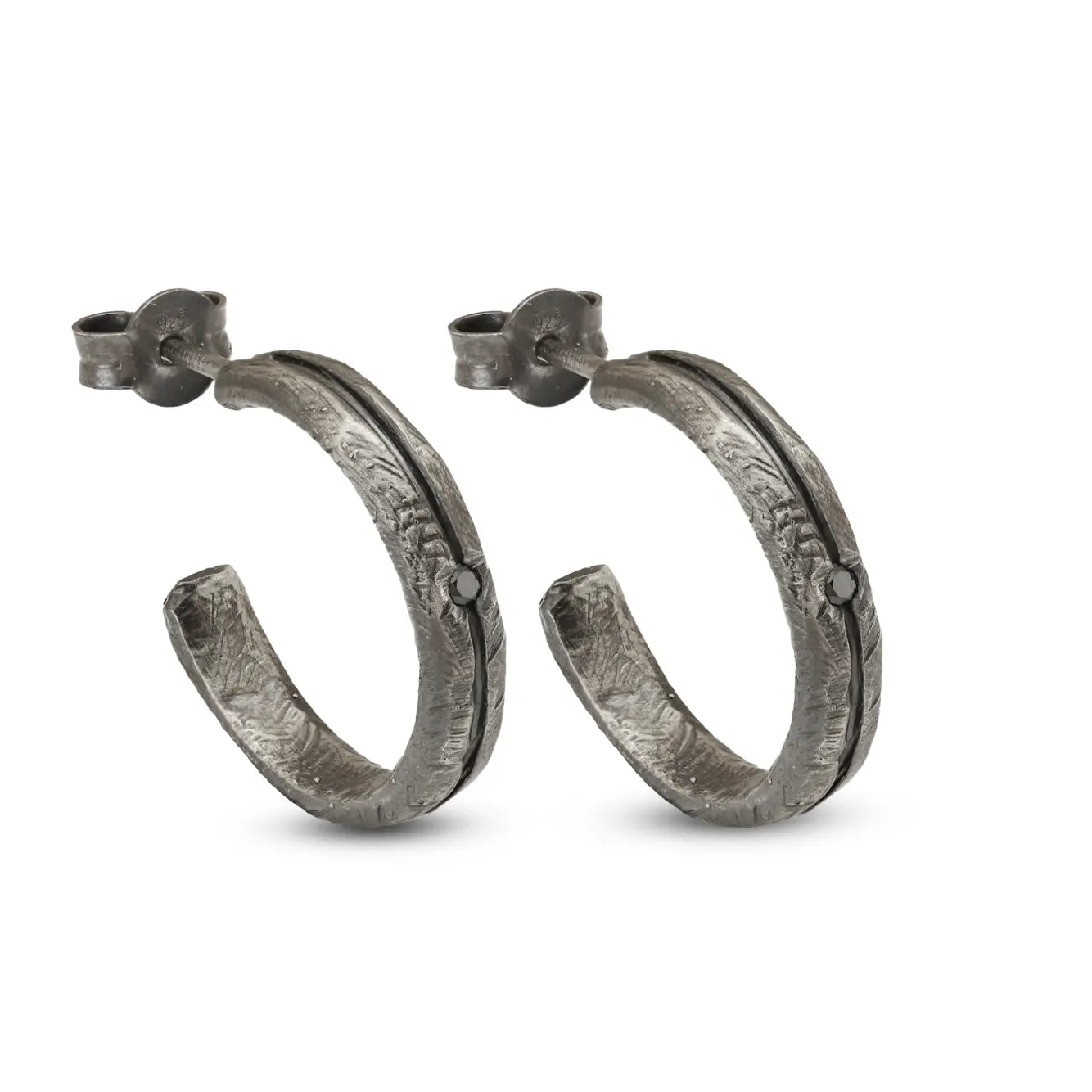 Black Diamond Hoop Earrings Oxidized Silver