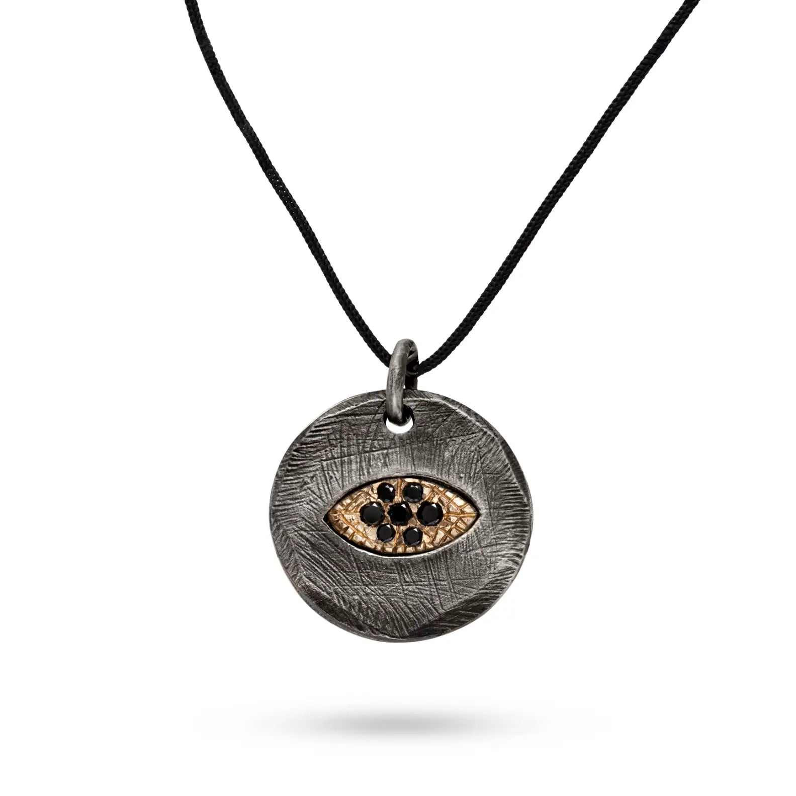 Evil Eye Necklace Black Diamonds Oxidized Silver 14K Gold