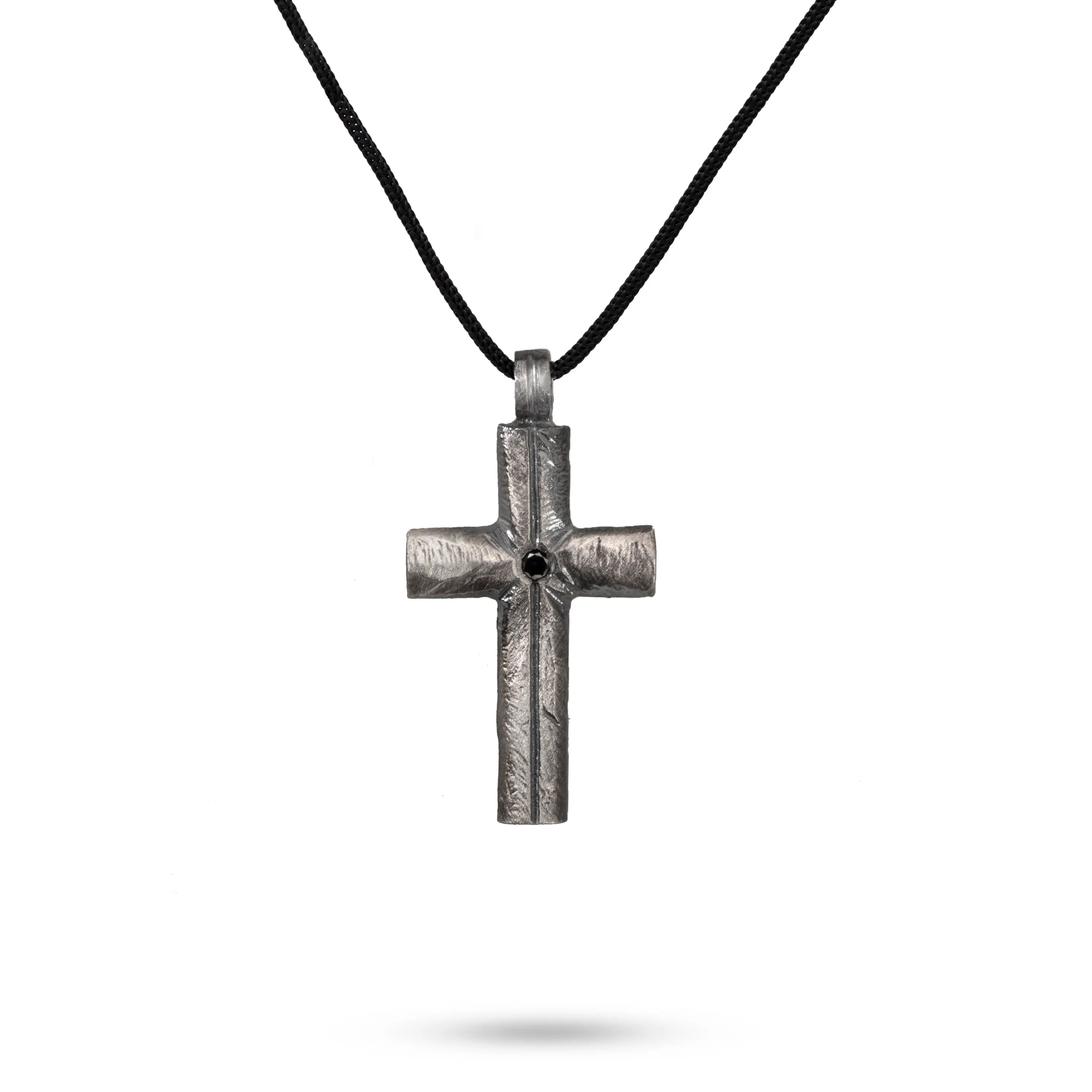 Cross Necklace Black Diamond Oxidized Silver