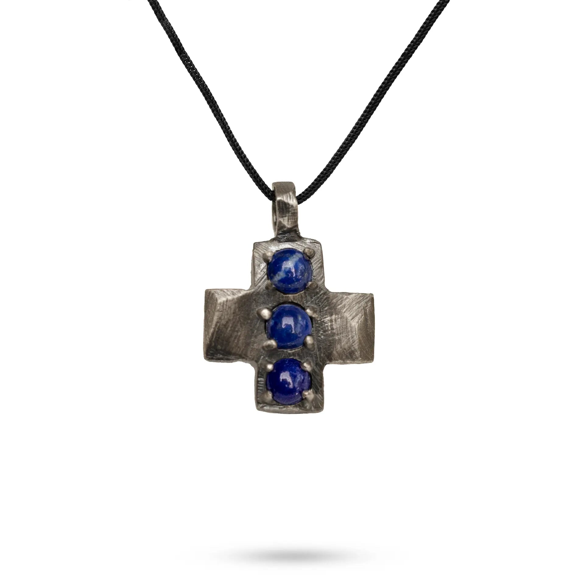 Lapis Cross Pendant Necklace Oxidized Silver 925