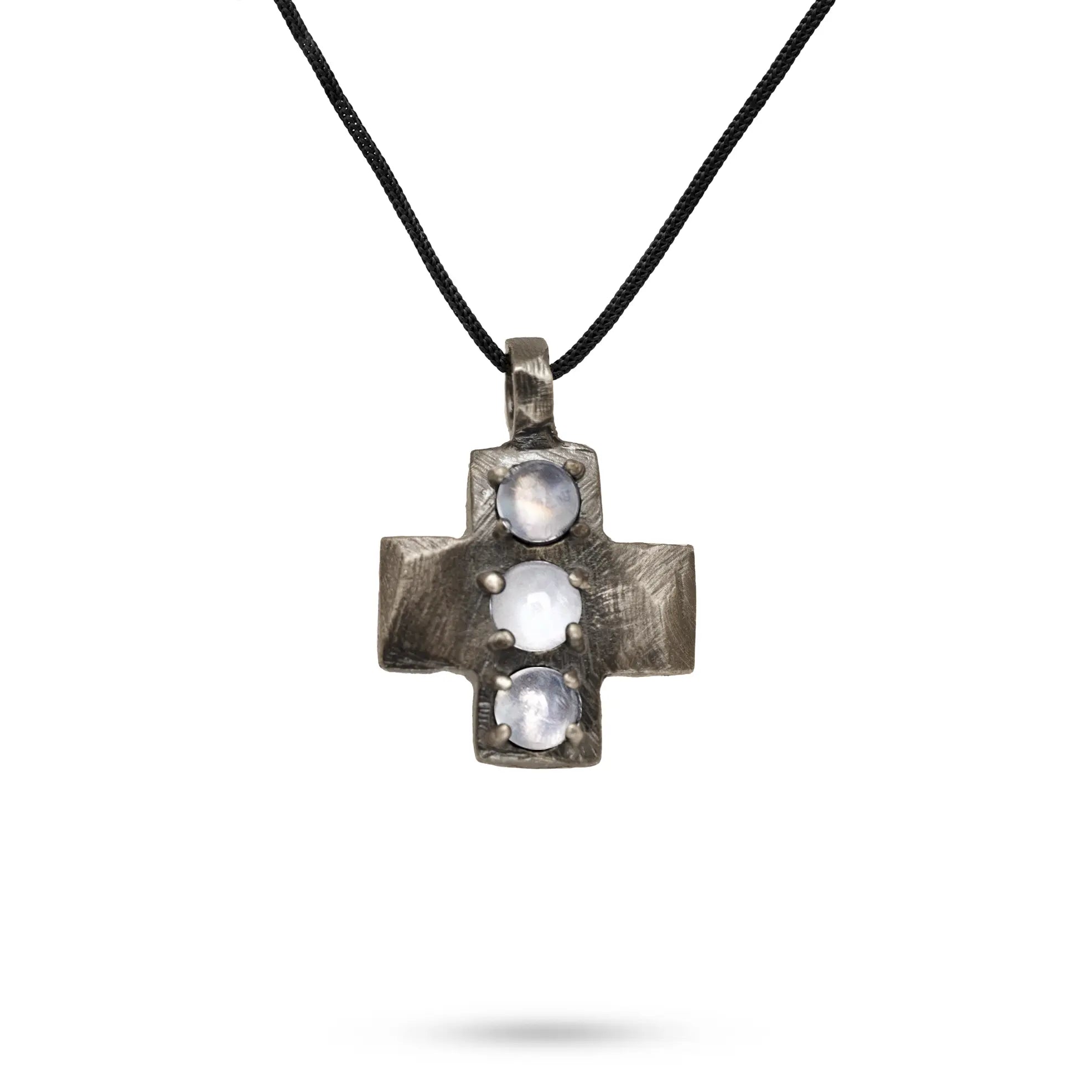 Moonstone Cross Pendant Necklace Oxidized Silver 925