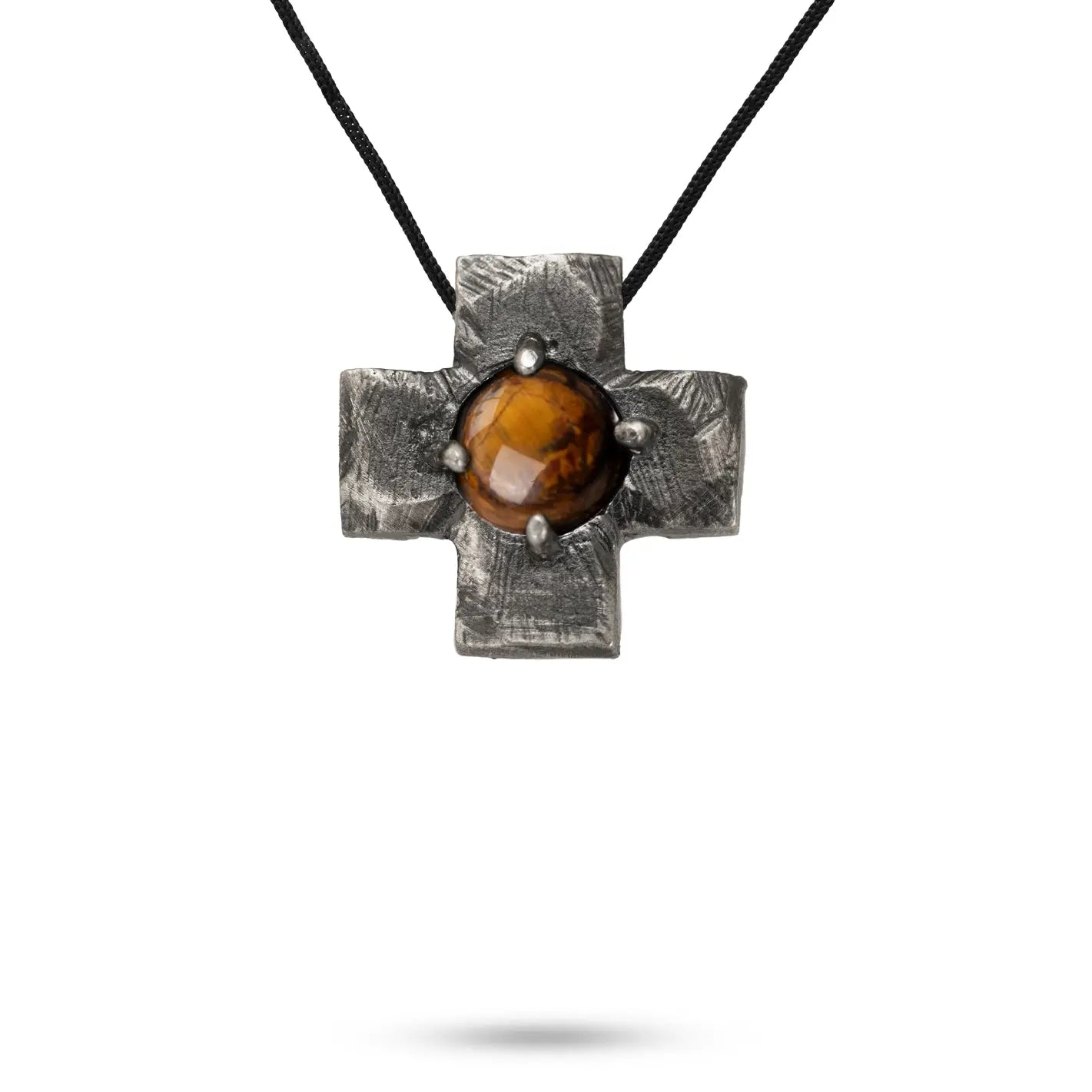 Square Cross Necklace Oxidized Silver Tiger Eye