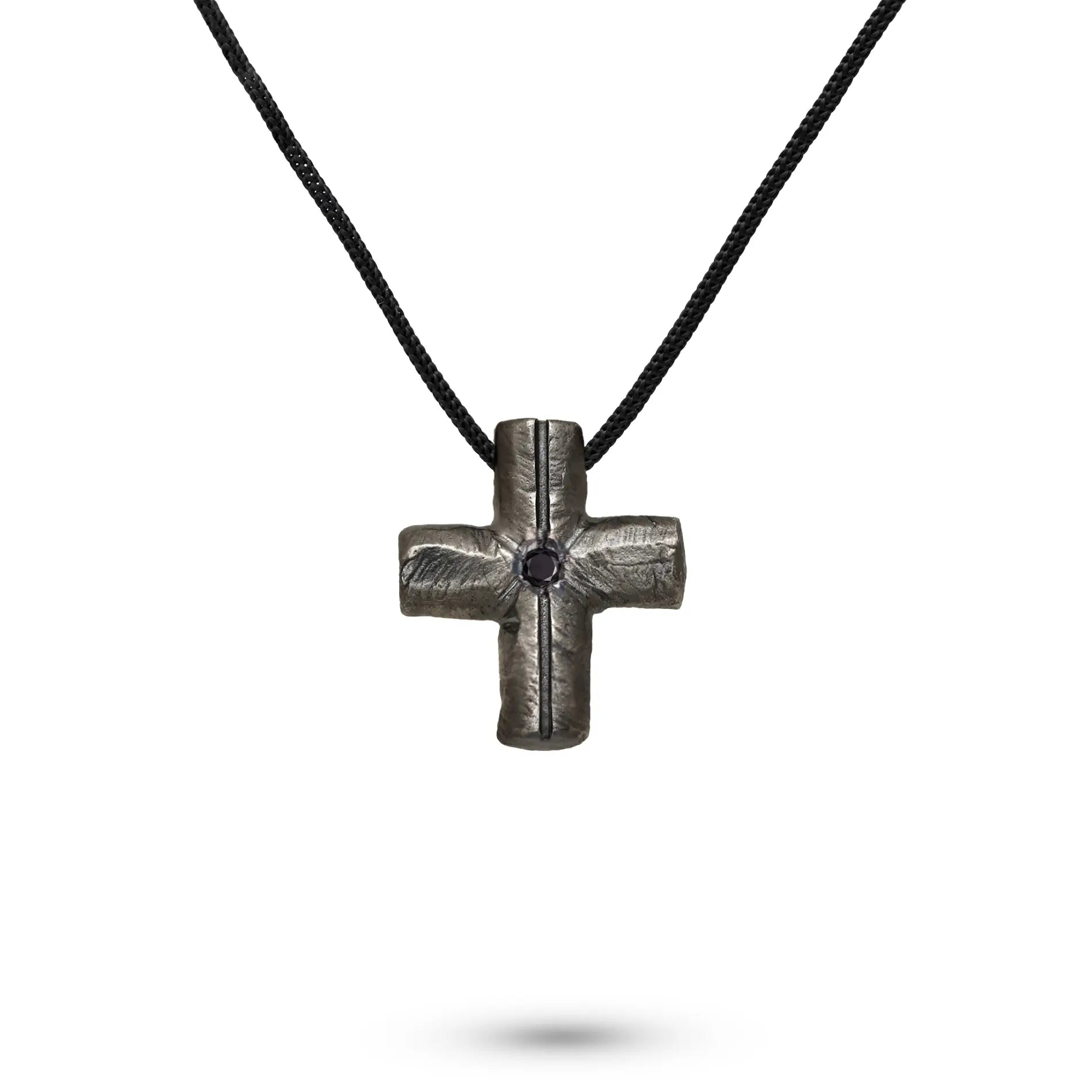 Small Square Cross Necklace Oxidized Silver Black Diamond