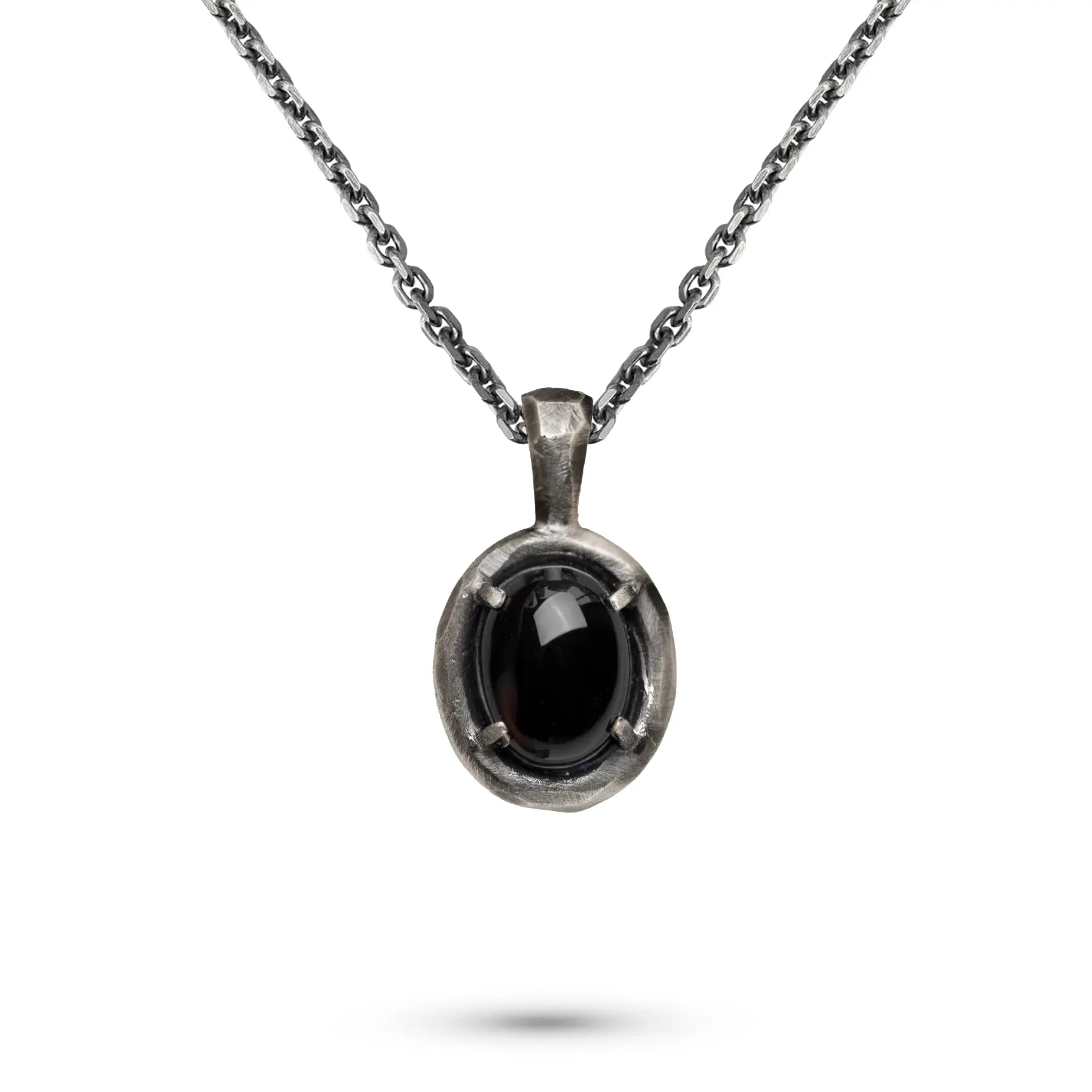 Oval Necklace Oxidized Silver 925 Black Onyx with a black onyx gemstone pendant on a chain.