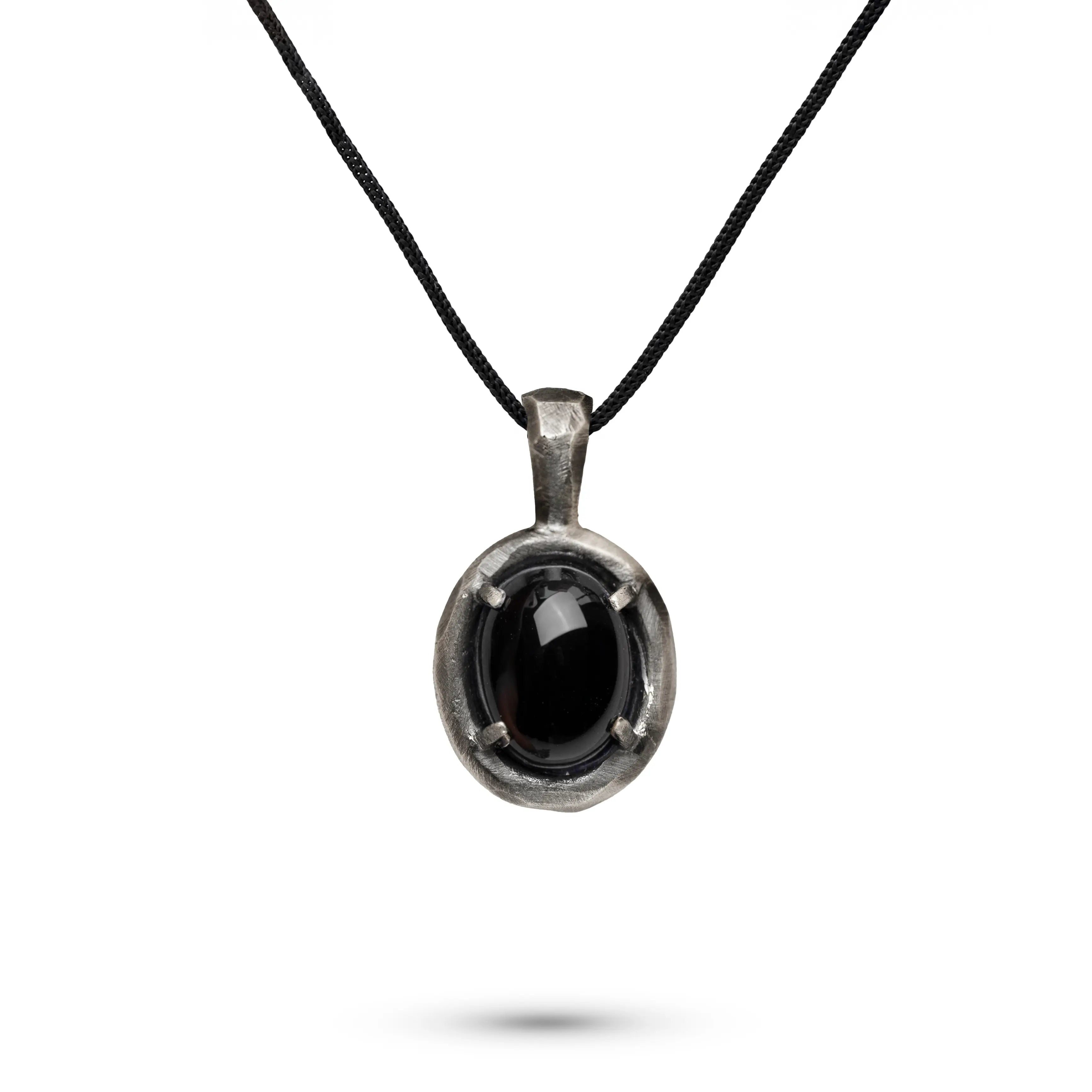Oval Necklace Oxidized Silver 925 Black Onyx on a black cord, featuring a handcrafted oval black onyx pendant.
