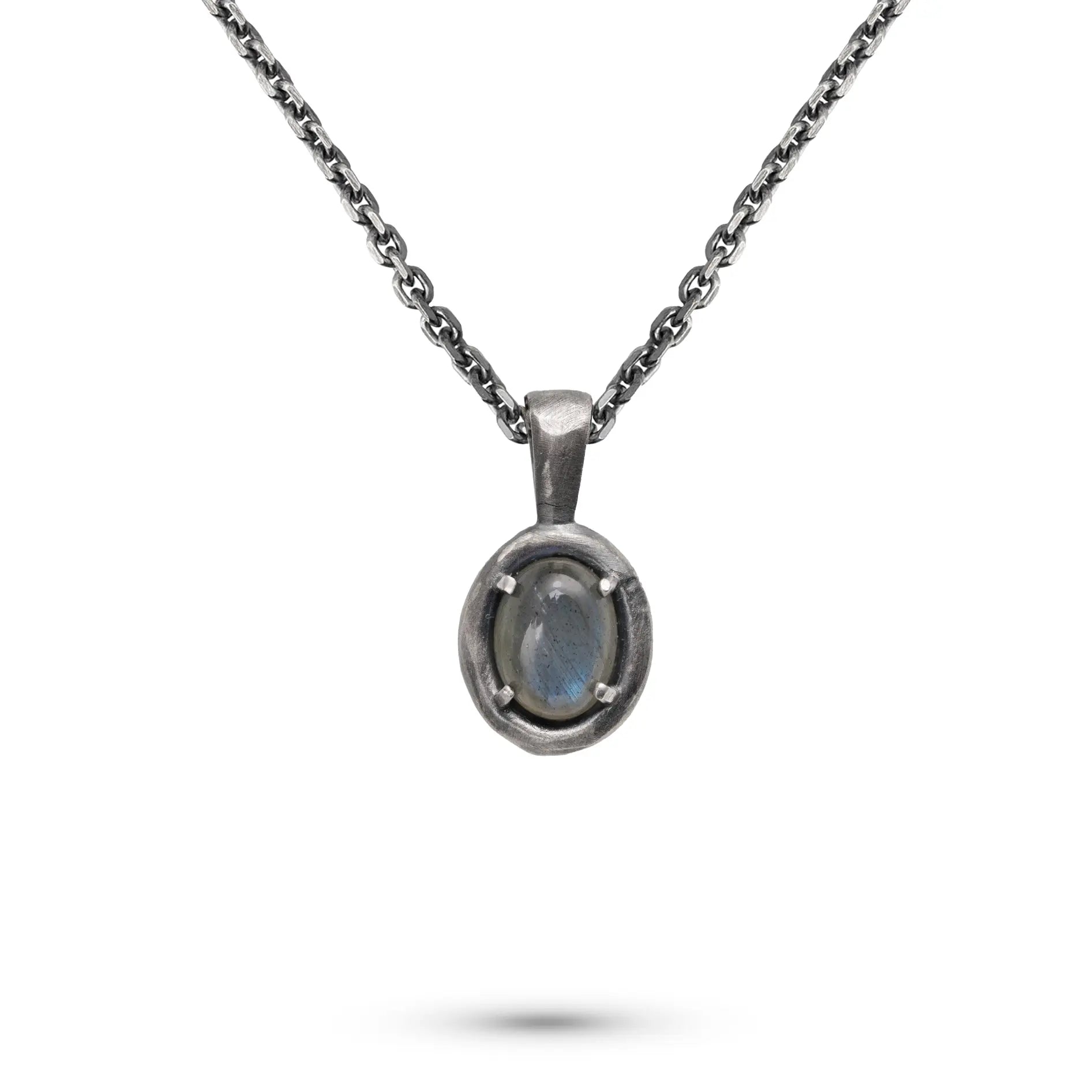 Labradorite Necklace Oxidized Silver 925 with oval pendant on chain, black oxidized sterling silver design.