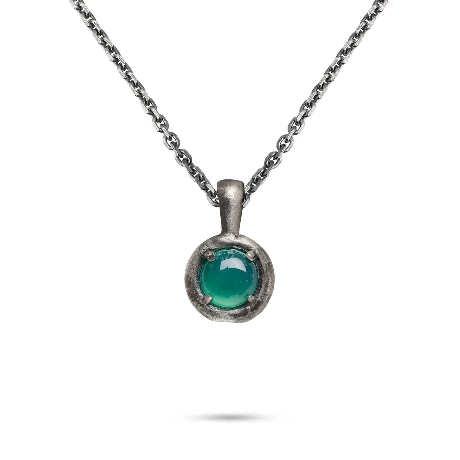 Green Onyx Necklace Sterling Silver 925 featuring a round green onyx pendant on a black oxidized sterling silver chain.
