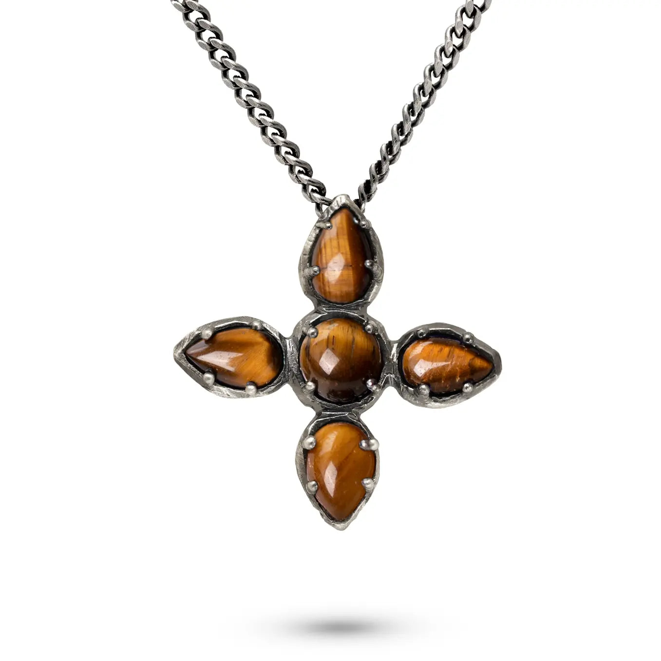 Large Cross Necklace Tiger Eye Oxidized Silver