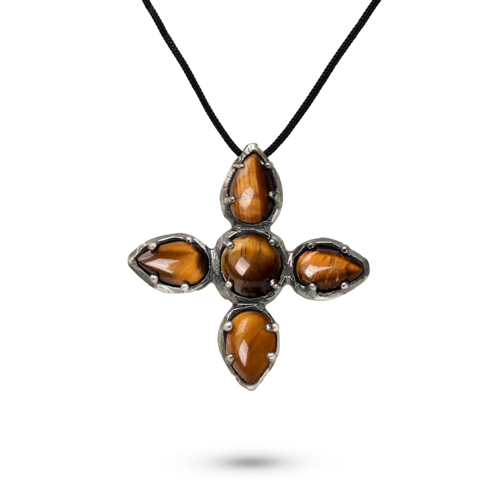 Large Cross Necklace Tiger Eye Oxidized Silver