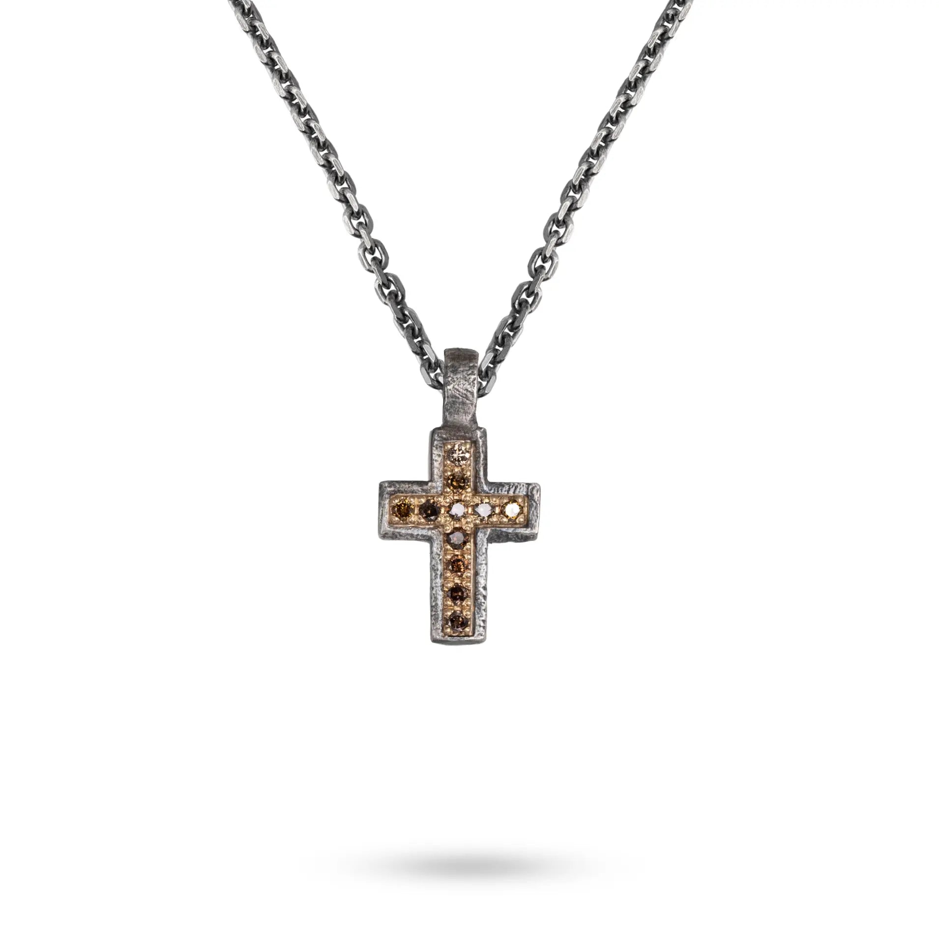 Κολιέ Σταυρός Ασήμι και Χρυσός Κ14 με Καφέ Διαμάντια
