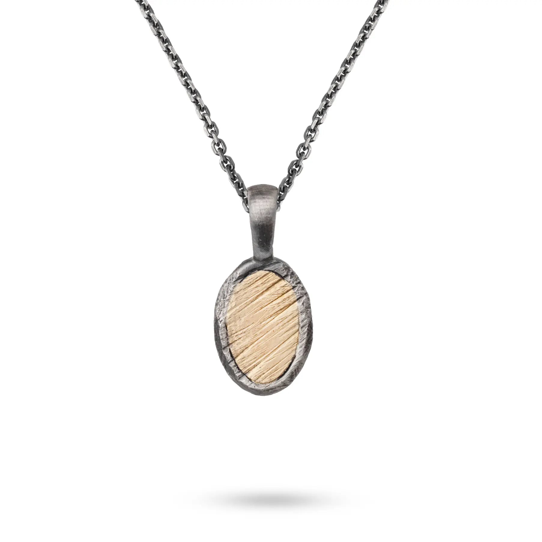 Oval Necklace Sterling Silver and 14K Gold with black oxidized silver and gold accents, handcrafted design.