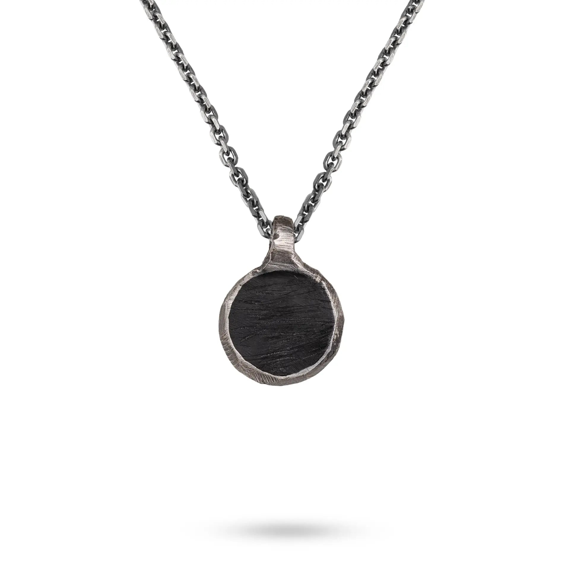 Circle Pendant Necklace Black Enamel Silver 925 on a silver chain with a round black enamel pendant.
