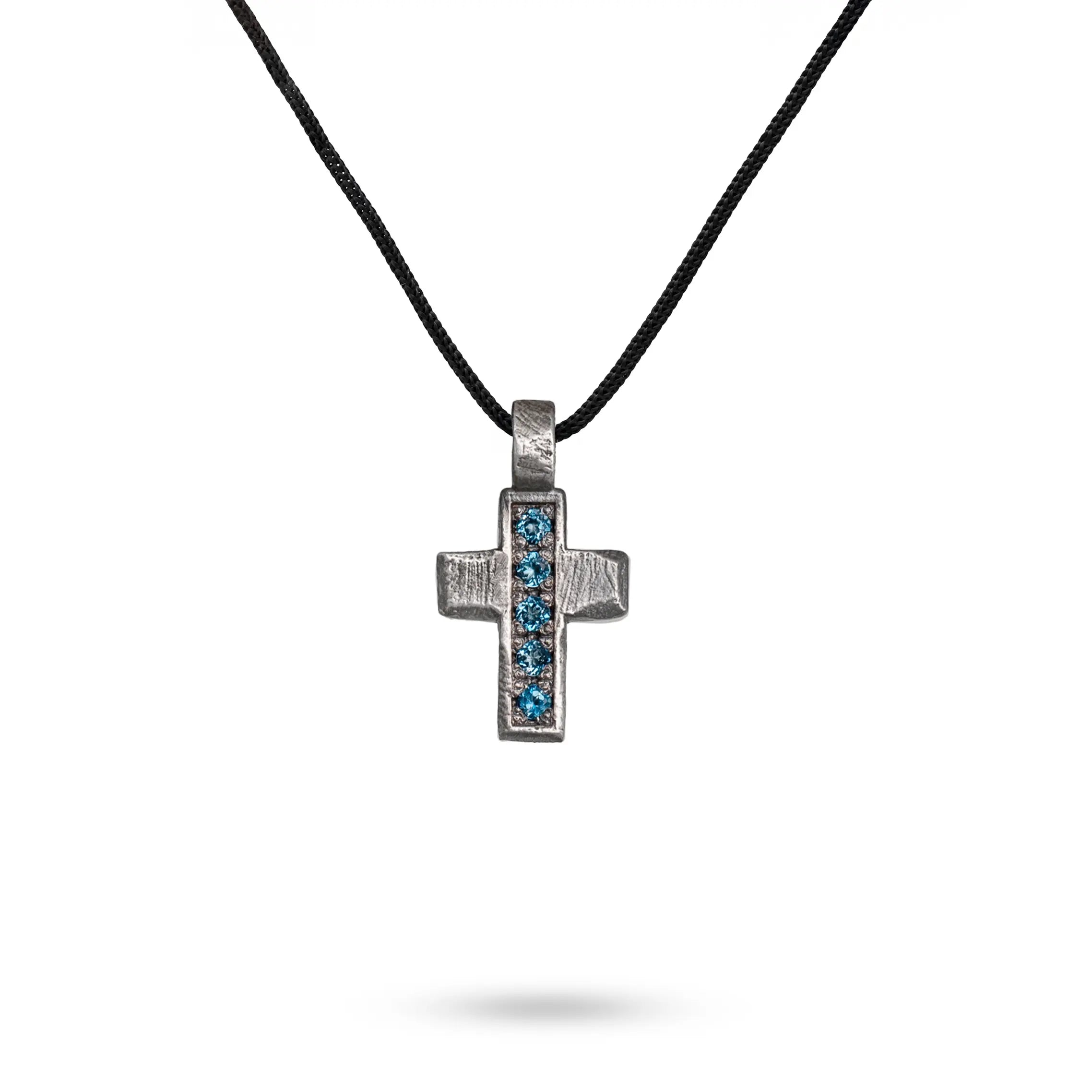 Oxidized Silver Cross Necklace London Blue Topaz