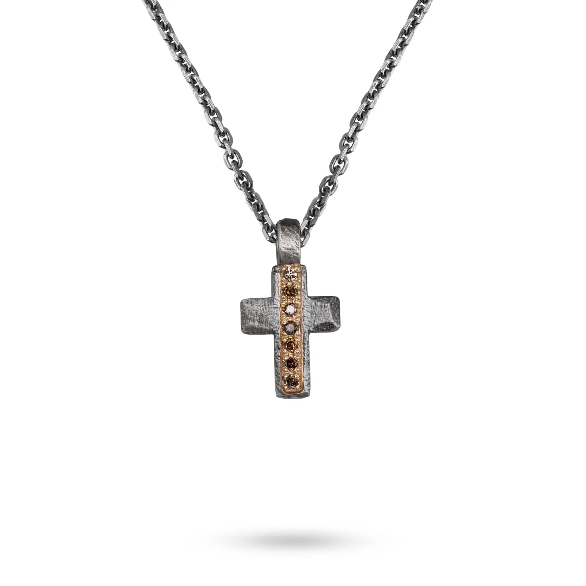 Cross Necklace Brown Diamond Silver & Gold featuring a sleek cross pendant with brown diamonds and silver chain.