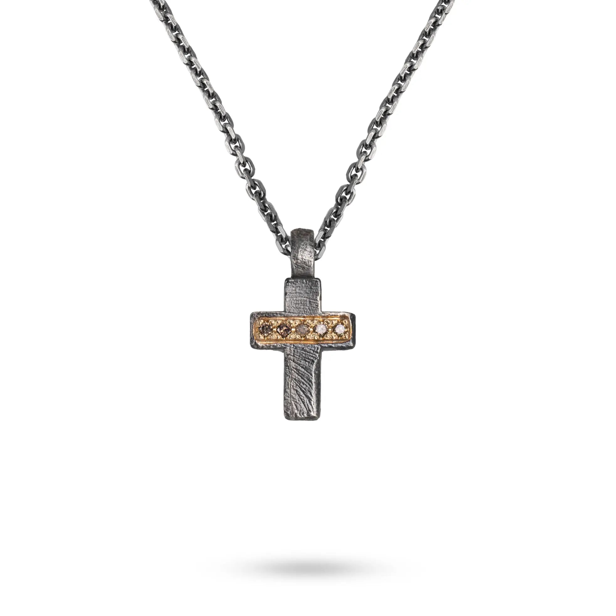 Cross Necklace Brown Diamonds Silver & Gold with black oxidized silver and 14K gold accents, perfect jewelry for men and women.