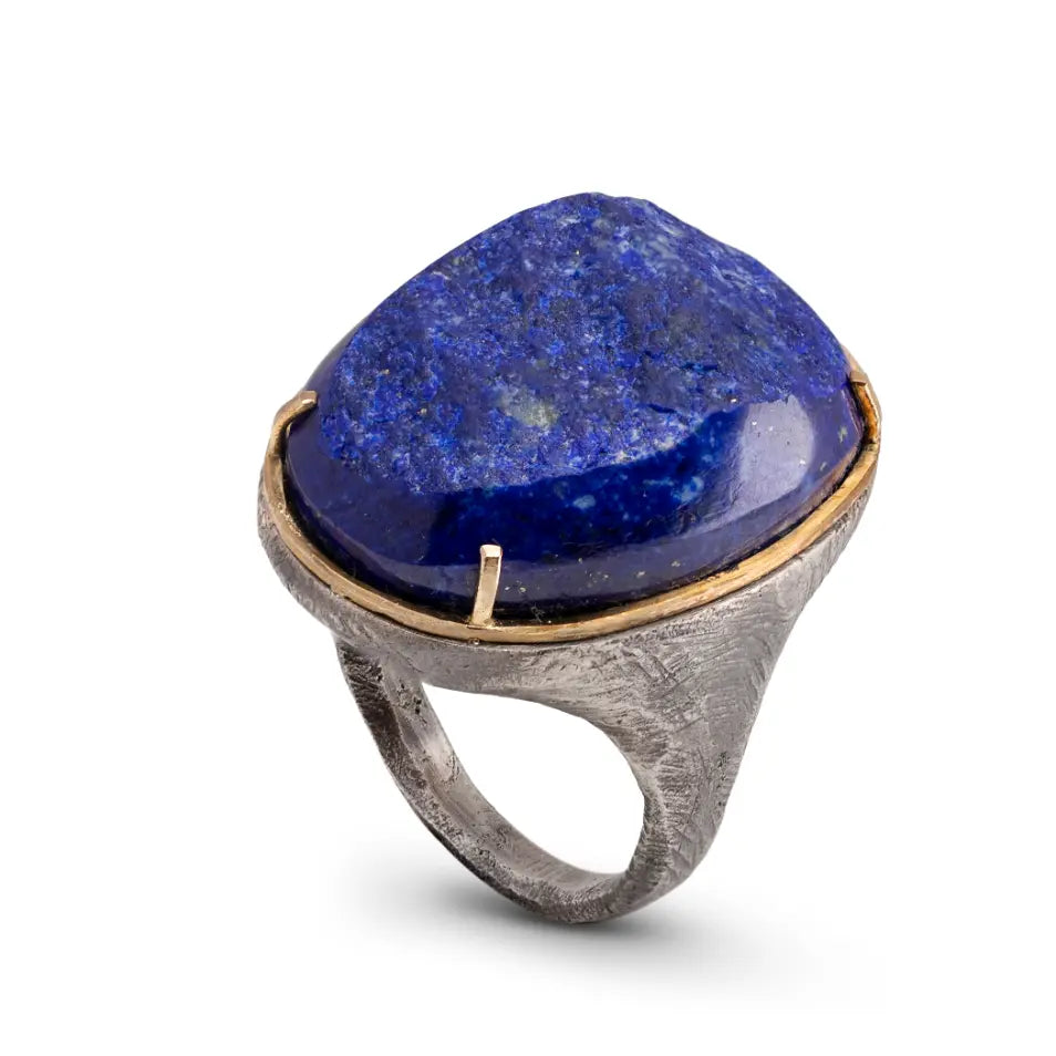 Large Lapis Lazuli Statement Ring In Silver And Gold