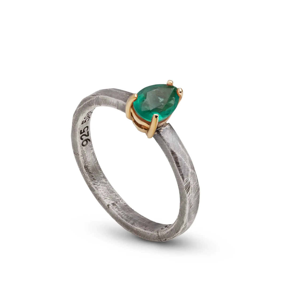Emerald Ring In Silver And Gold Pear Cut with a 0.58ct emerald in pear cut, handcrafted design.