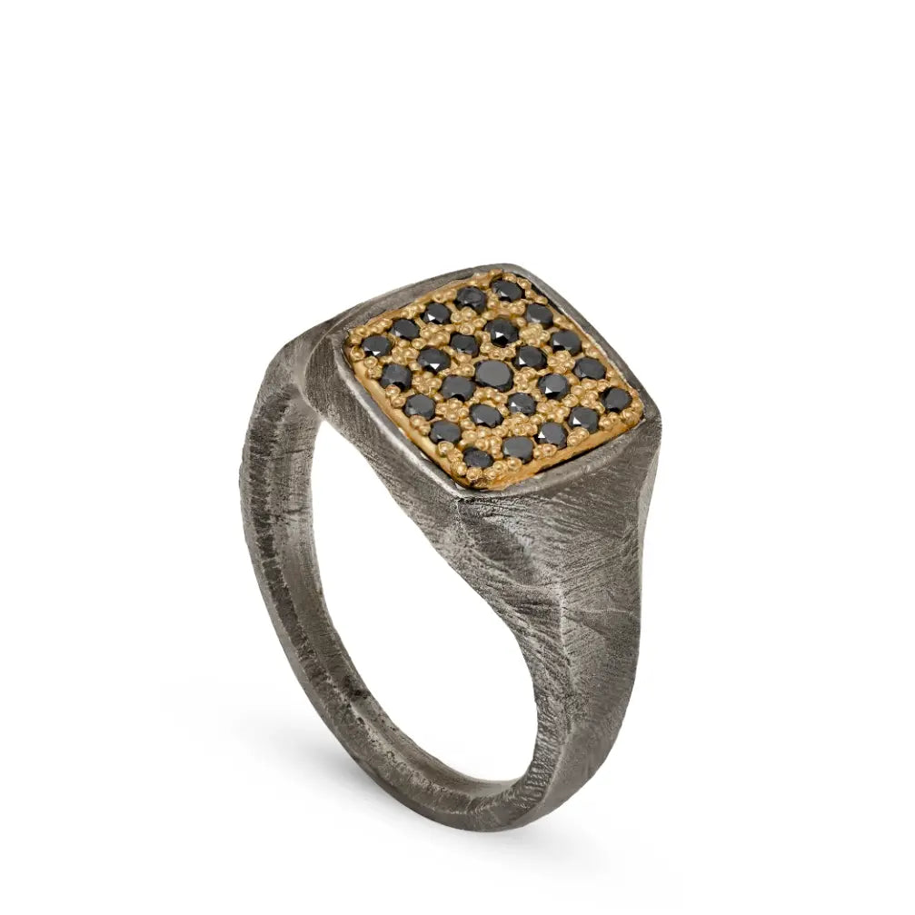 Δαχτυλίδι Σεβαλιέ Οξειδωμένο Ασήμι Χρυσός Κ14 Μαύρα Διαμάντια