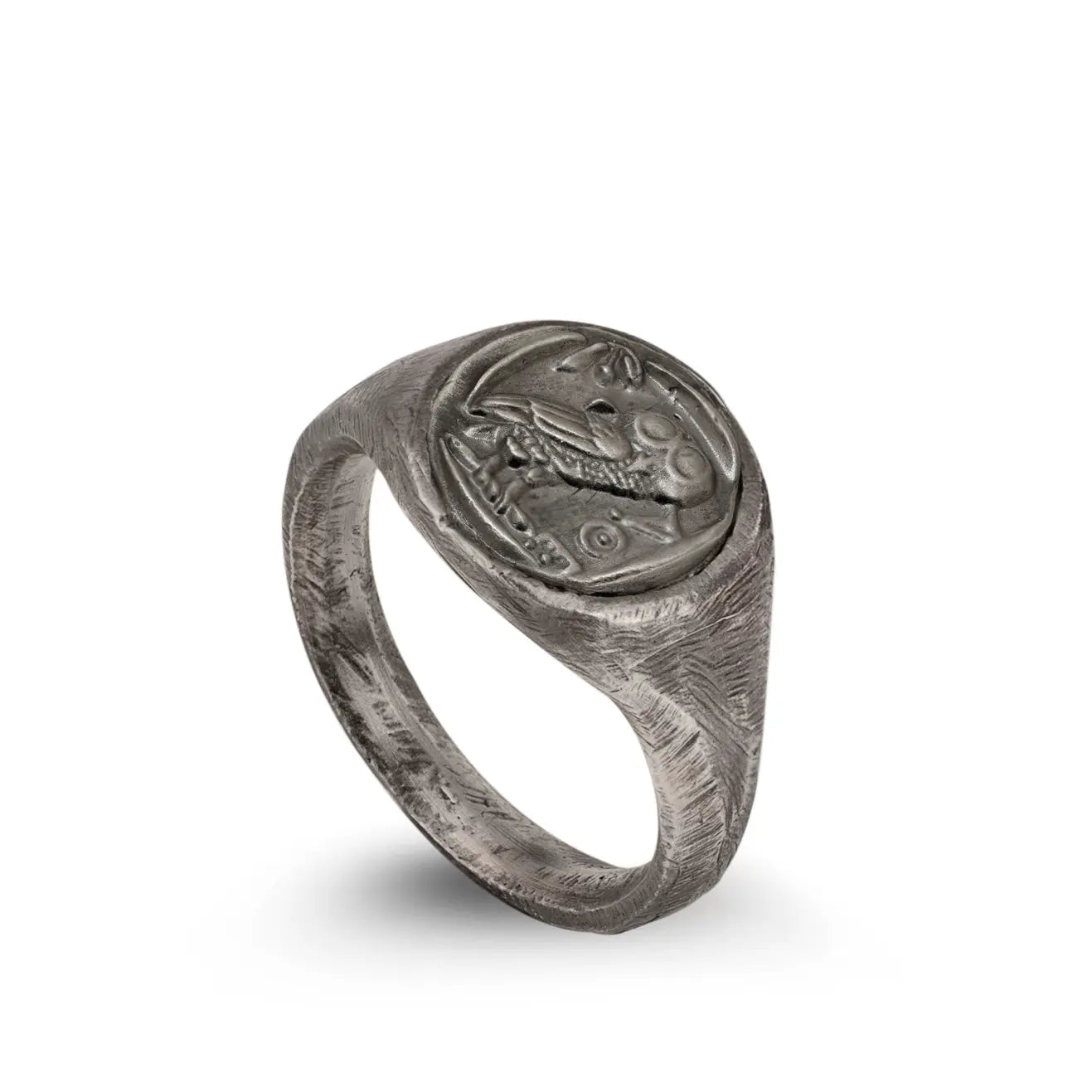 Athena Owl Coin Signet Ring Oxidized Silver