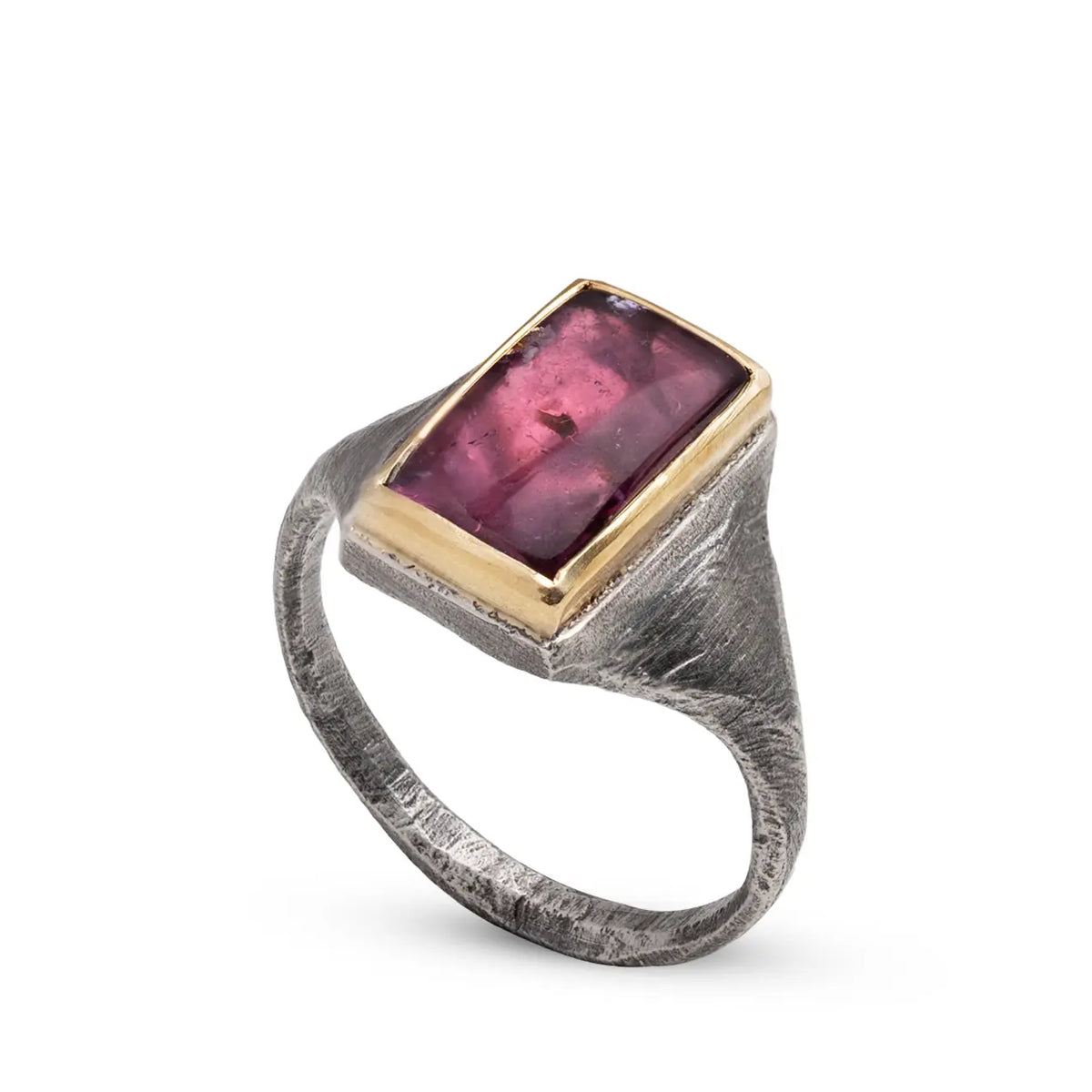 Unique Pink Tourmaline Ring In Silver And Gold featuring a 4.05ct pink tourmaline in rectangular cabochon cut.