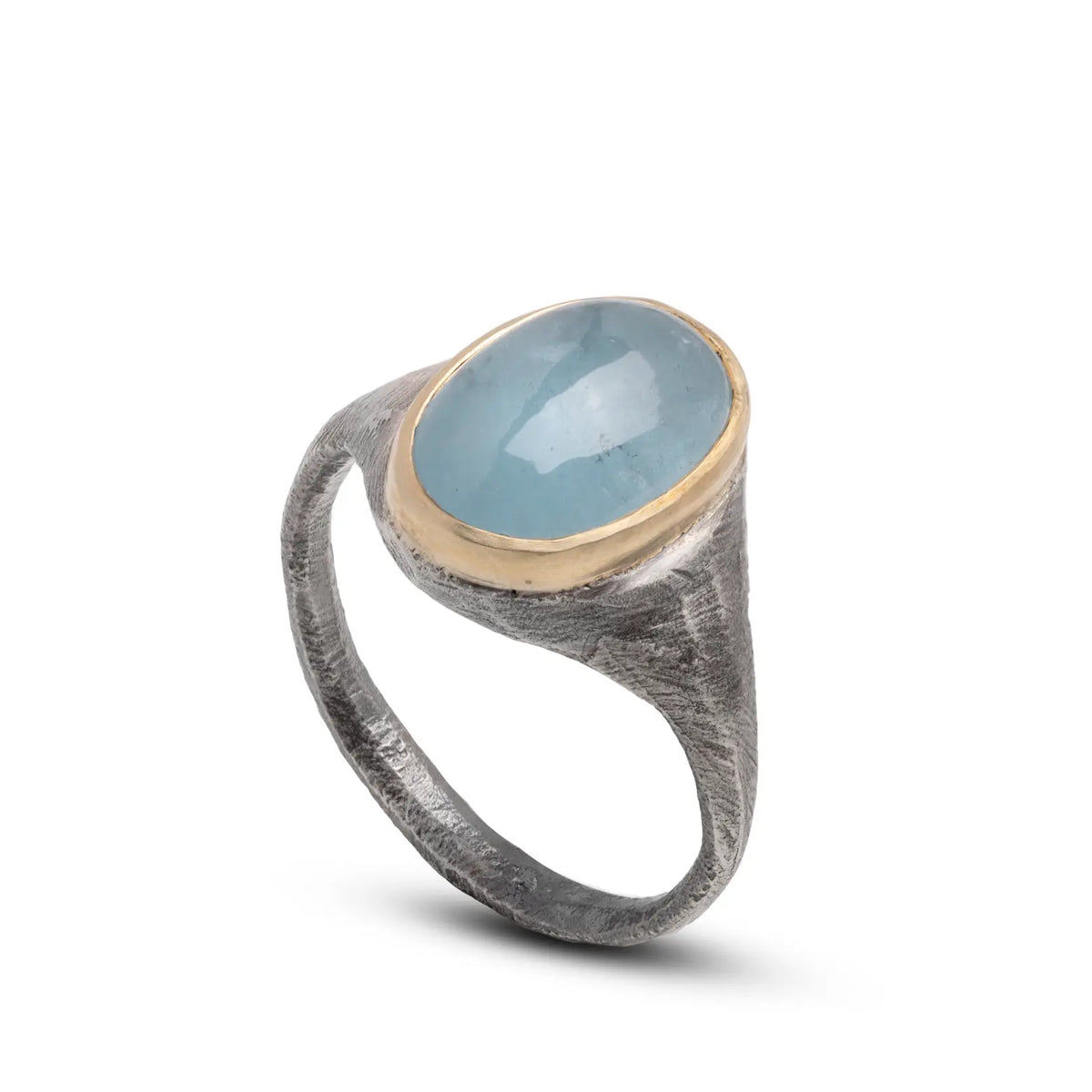 One Of A Kind Aquamarine Ring In Silver And Gold with polished oval aquamarine stone and gold accent.