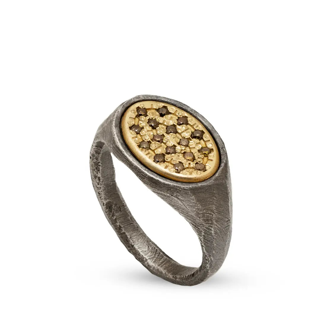 14K Gold and Silver Oval Ring With Brown Diamonds