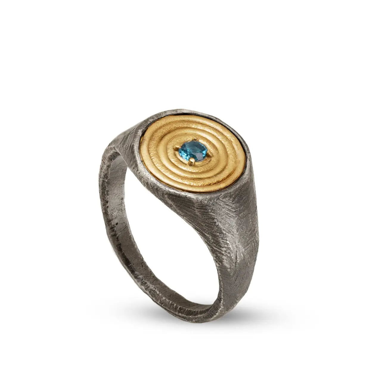 Round Ring 14K Gold and Silver With Blue Topaz featuring a sculptural design and elegant aesthetic.