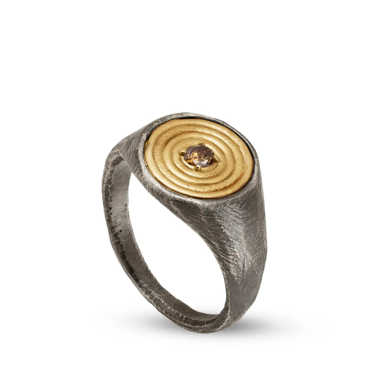 Round Ring 14K Gold and Silver With Brown Diamond, handcrafted men’s signet ring with sculptural brutalist design.