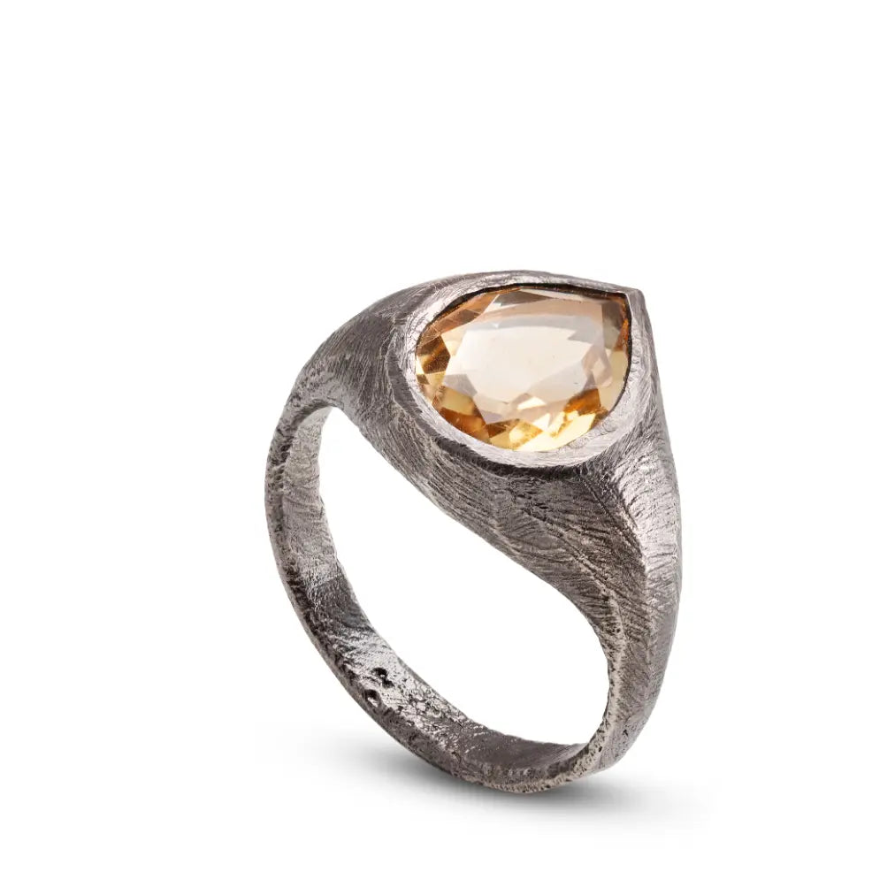 Unisex Statement Δαχτυλίδι Με Σιτρίν Από Οξειδωμένο Ασήμι 925