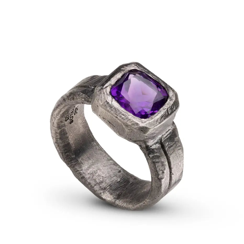 Purple Amethyst Ring Silver 925 in brutalist style with black oxidized sterling silver and rich purple gemstone.
