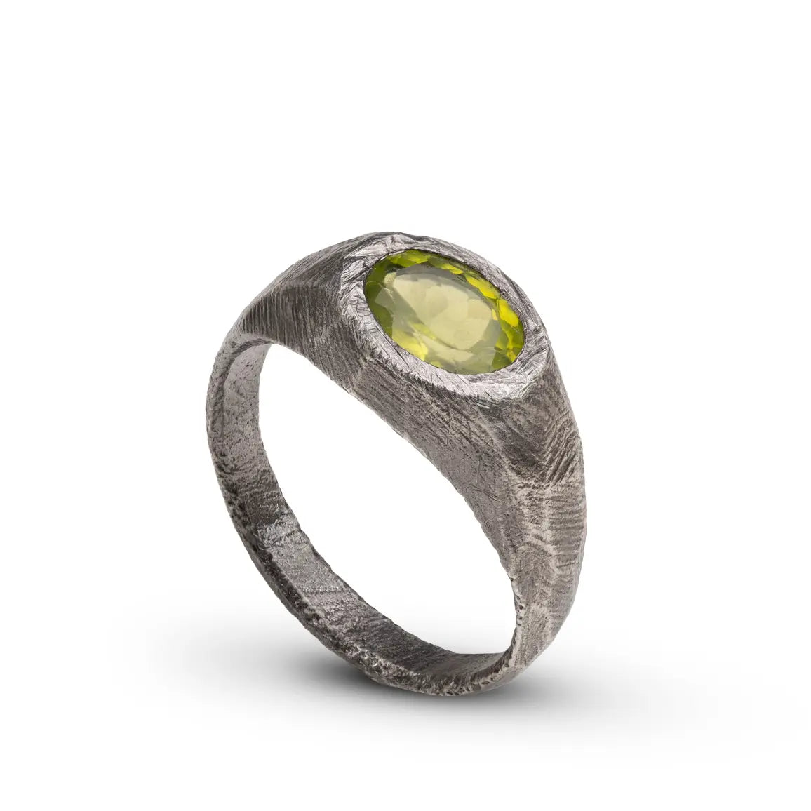 Oval Peridot Ring Sterling Silver 925 in oxidized finish with a green gemstone, handcrafted in brutalist style for men and women.