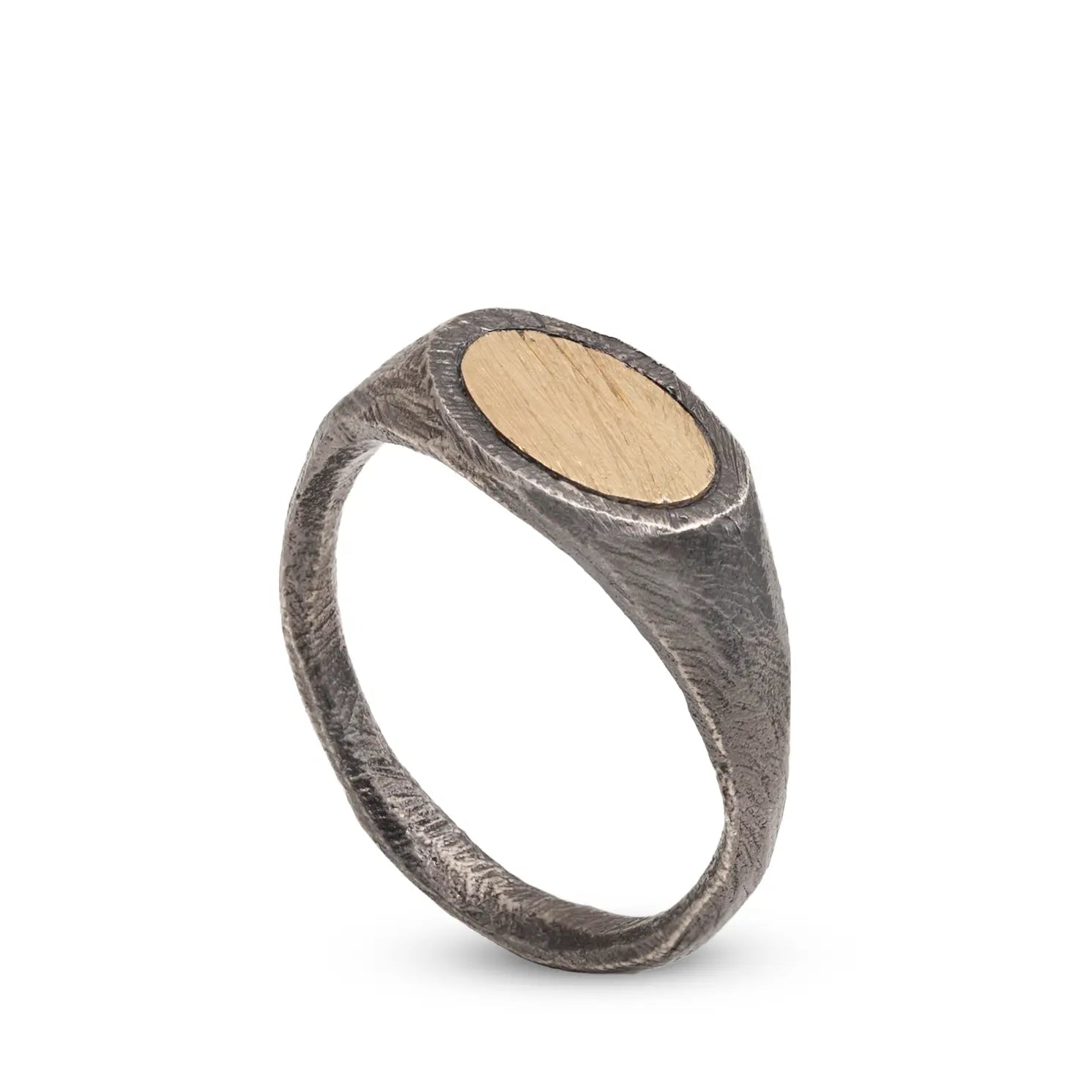 14K Gold Silver 925 Signet Ring with oxidized brutalist design, handcrafted and textured for a bold look, perfect for gifts.
