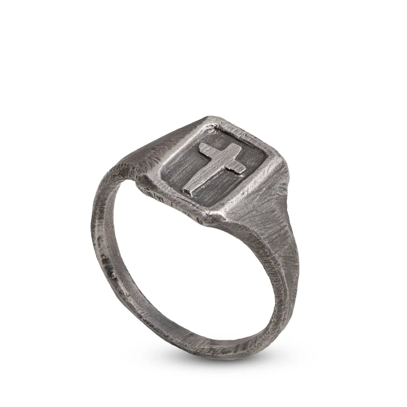 Cross Signet Ring Oxidized Silver 925 - handcrafted brutalist style, edgy masculine aesthetics, perfect gift for him.