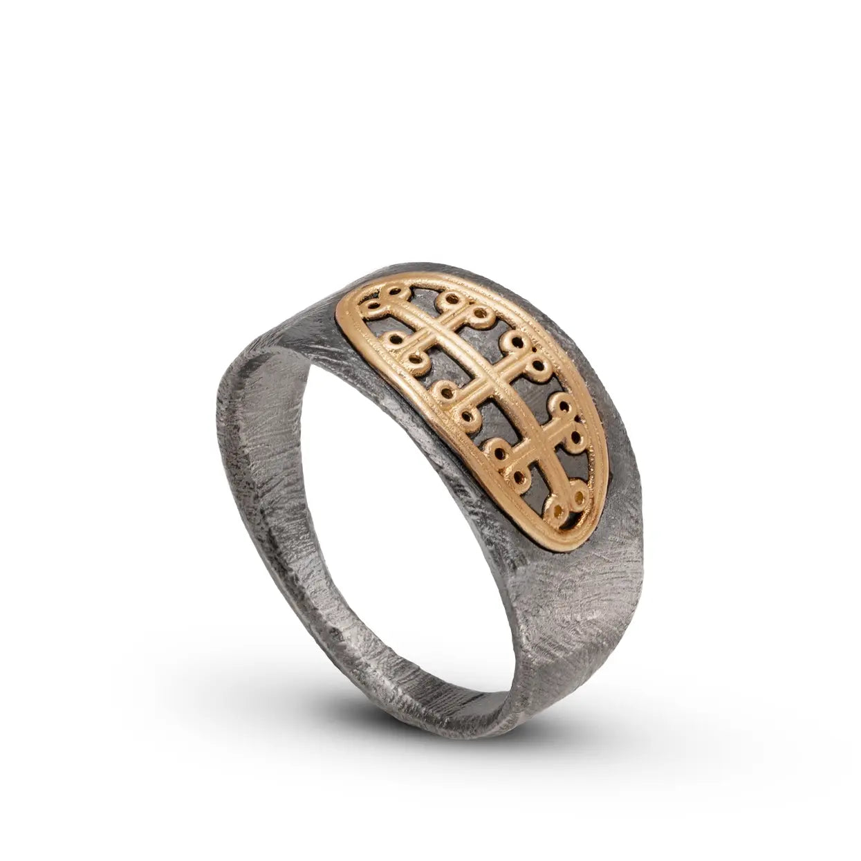 Signet Ring 14K Gold in brutalist style with textured silver and gold detail, handcrafted men's jewelry.