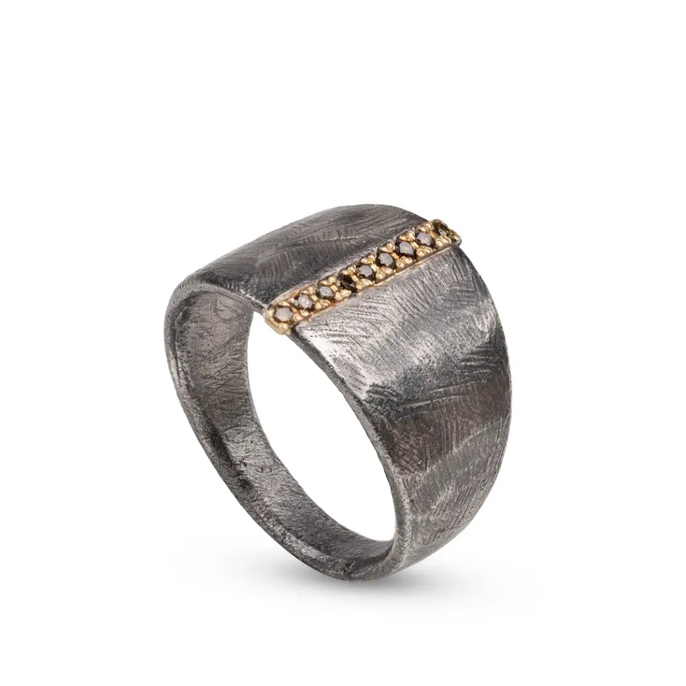 14K Gold & Oxidized Silver 925 Ring Brown Diamonds with raw texture, crafted in brutalist style, featuring unique handcrafted design.
