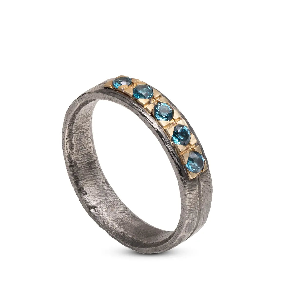 Blue Topaz Band Ring in 14K Gold and Silver 925 with London blue topaz gemstones, handcrafted in brutalist style, perfect for men.