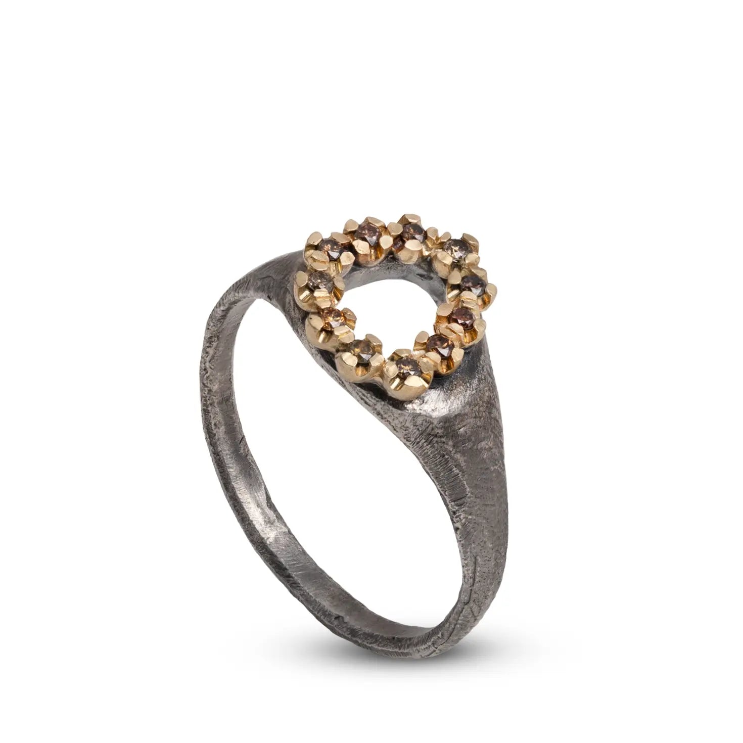 14K Gold & Silver 925 Ring Brown Diamonds in a brutalist design featuring a handcrafted oxidized silver band and gold crown with brown diamonds.