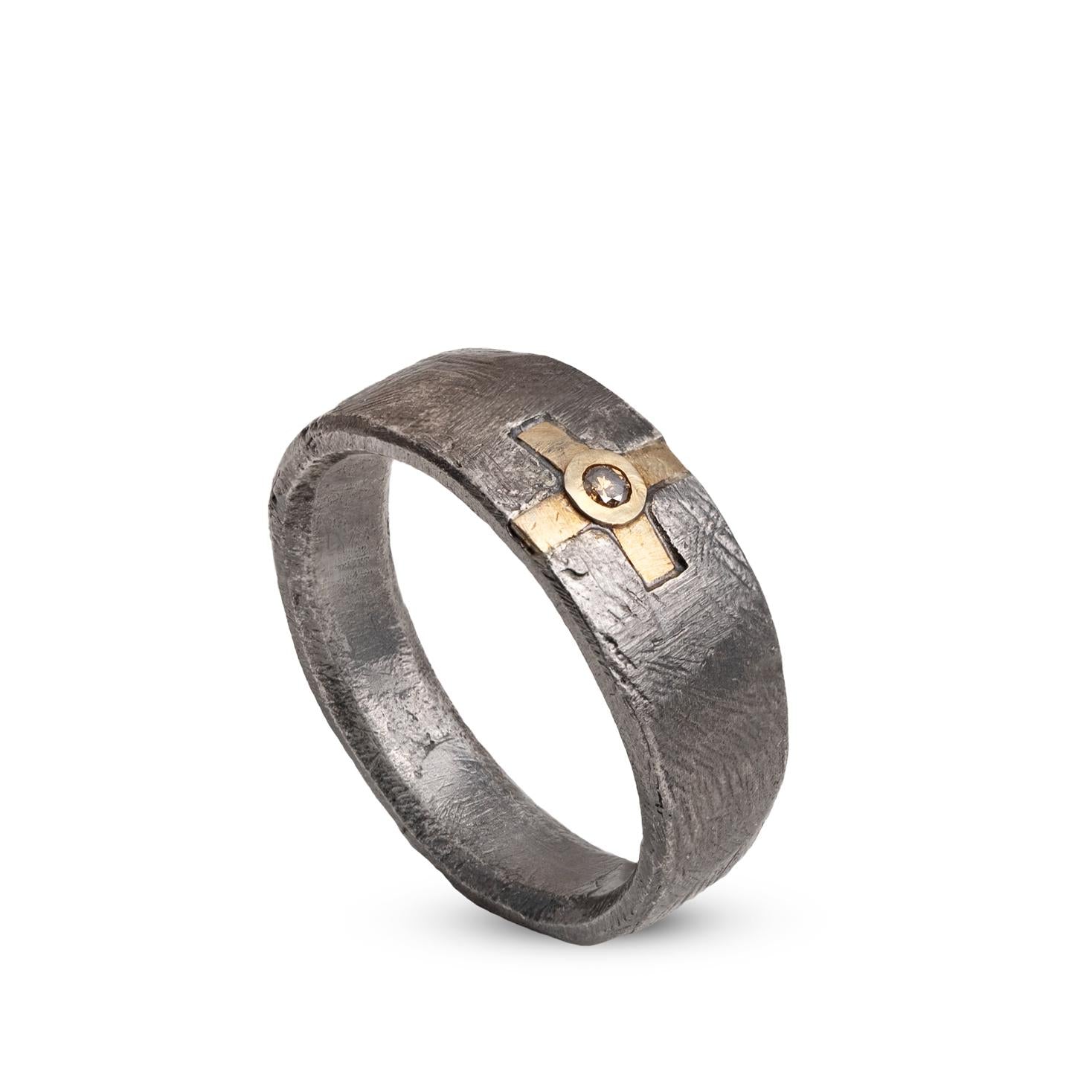 14K Gold & Silver 925 Cross Ring showcasing oxidized sterling silver and a gold cross detail.