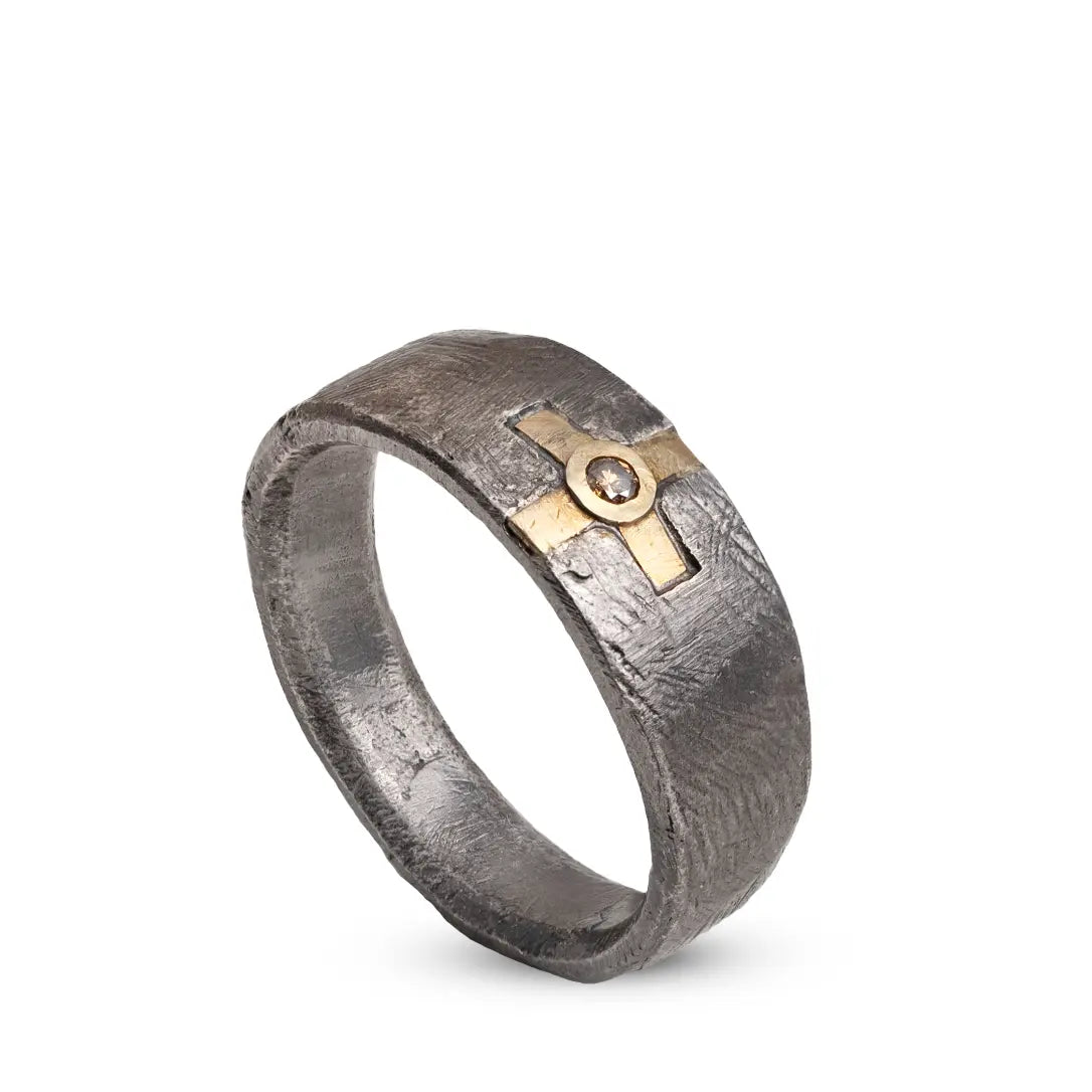 14K Gold & Silver 925 Cross Ring showcasing oxidized sterling silver and a gold cross detail.