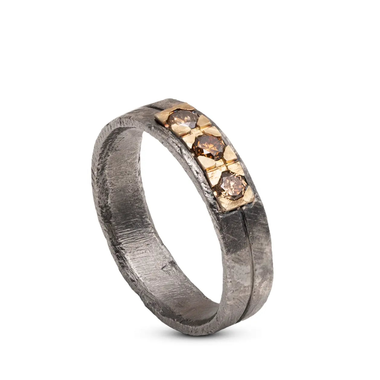 Brown Diamonds Band Ring in oxidized sterling silver with 14K gold and brown diamonds.