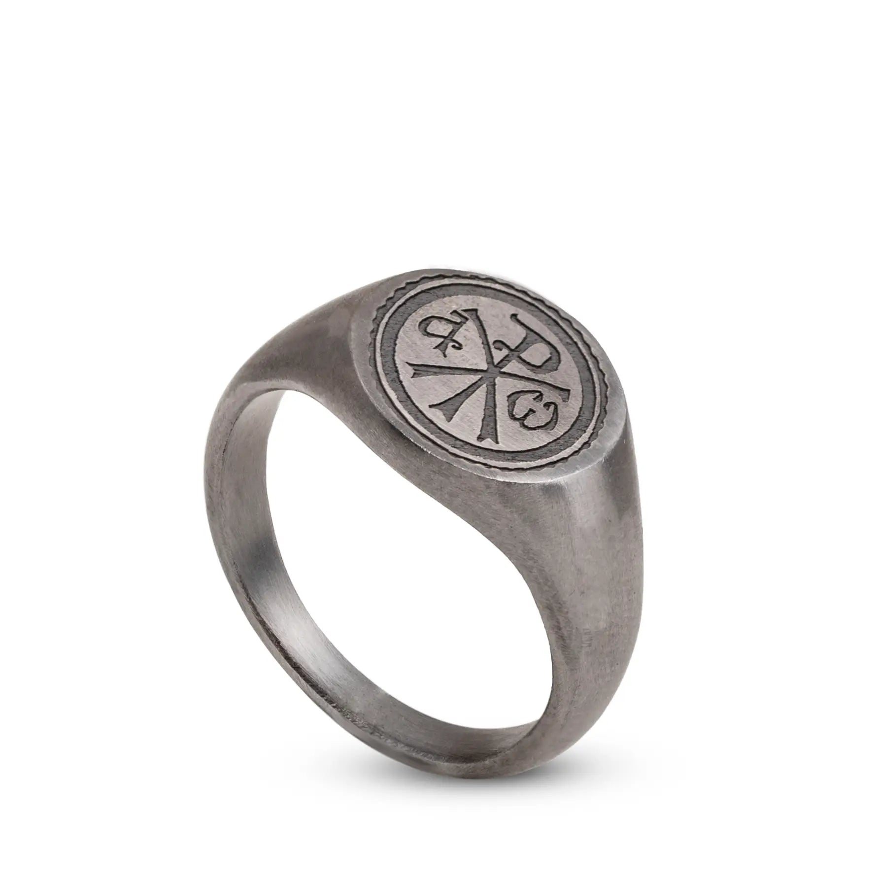 Chi Rho Signet Ring in oxidized sterling silver with a bold minimal design