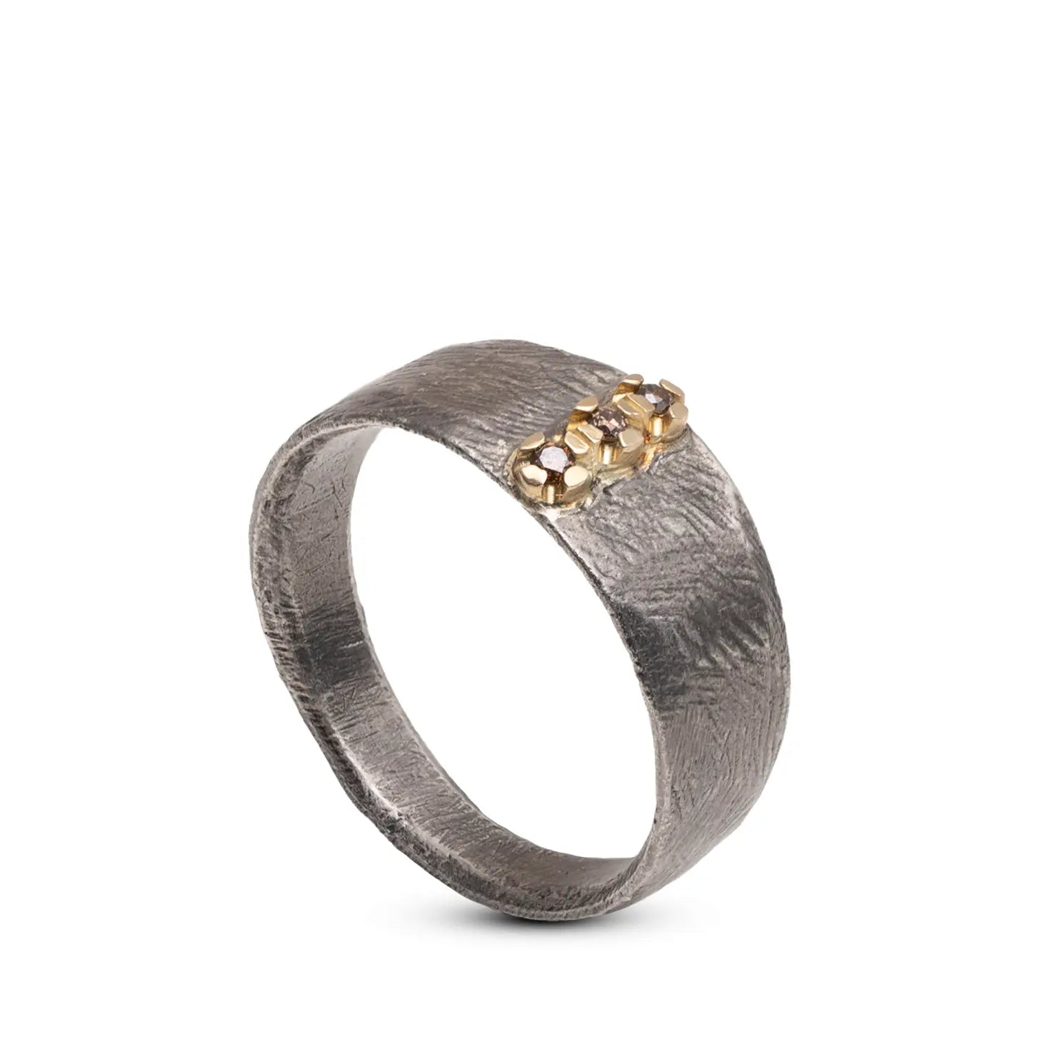 14K Gold & Silver 925 Signet Ring Brown Diamonds in brutalist style with raw texture and handcrafted finish, featuring oxidized silver and gold bar.