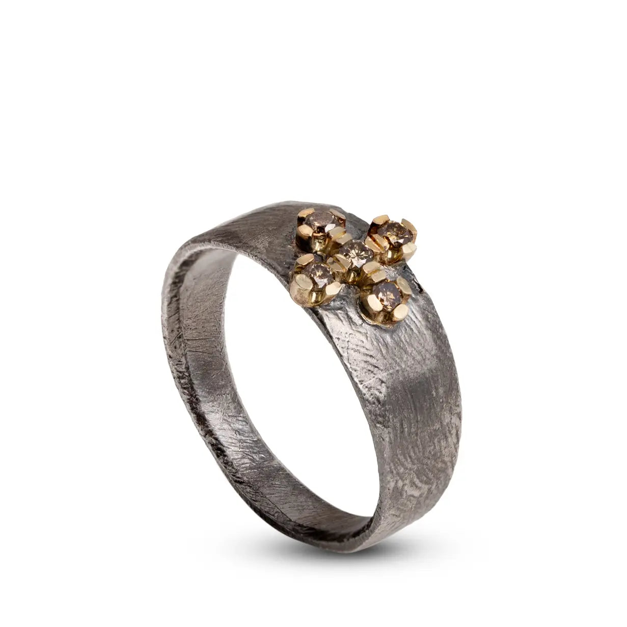 Cross Ring 14K Gold & Silver 925 with brown diamonds, oxidized sterling silver band, brutalist design, handcrafted men's ring.