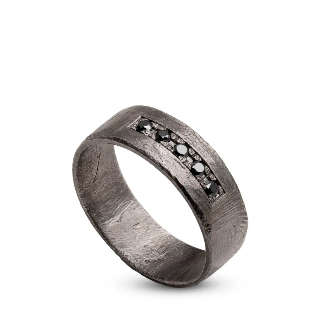Black Diamond Band Ring Silver 925 with natural black diamonds and oxidized sterling silver, 8mm width, elegant gift package included.