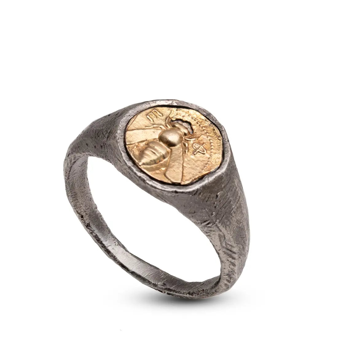 Greek Bee Ring in Silver with 14K Gold detail, inspired by ancient heritage, symbolizing Artemis. Resembling Alexander the Great Ring Oxidized Silver.