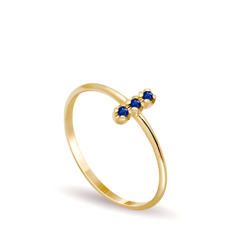 Χρυσό Δαχτυλίδι Μπάρα 3 Μπλε Ζαφείρια