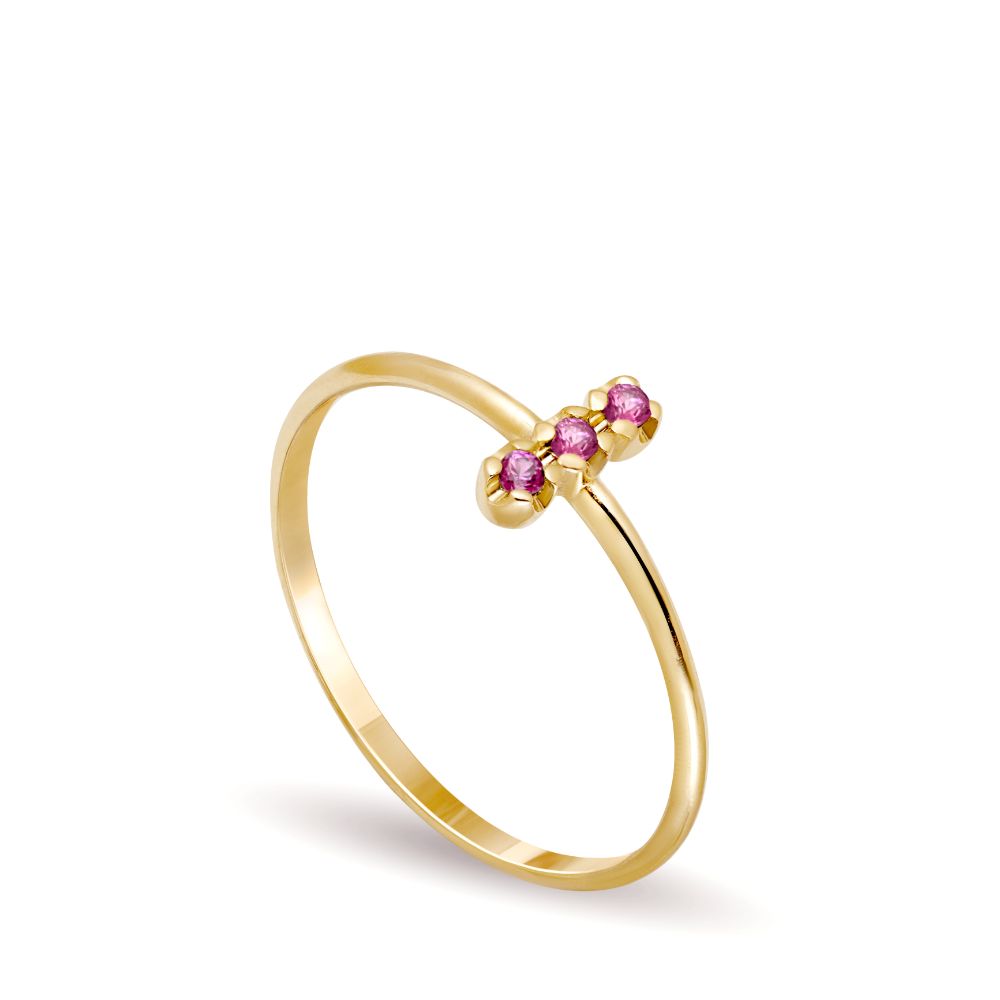 Χρυσό Δαχτυλίδι Μπάρα 3 Ροζ Ζαφείρια