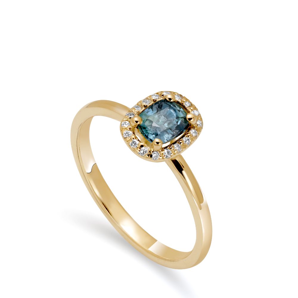 Halo Engagement Ring Teal Sapphire Diamond 14K