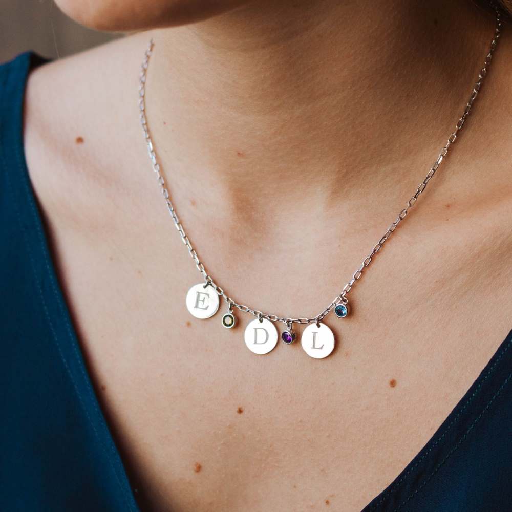 Initial Birthstone Disc Necklace Silver