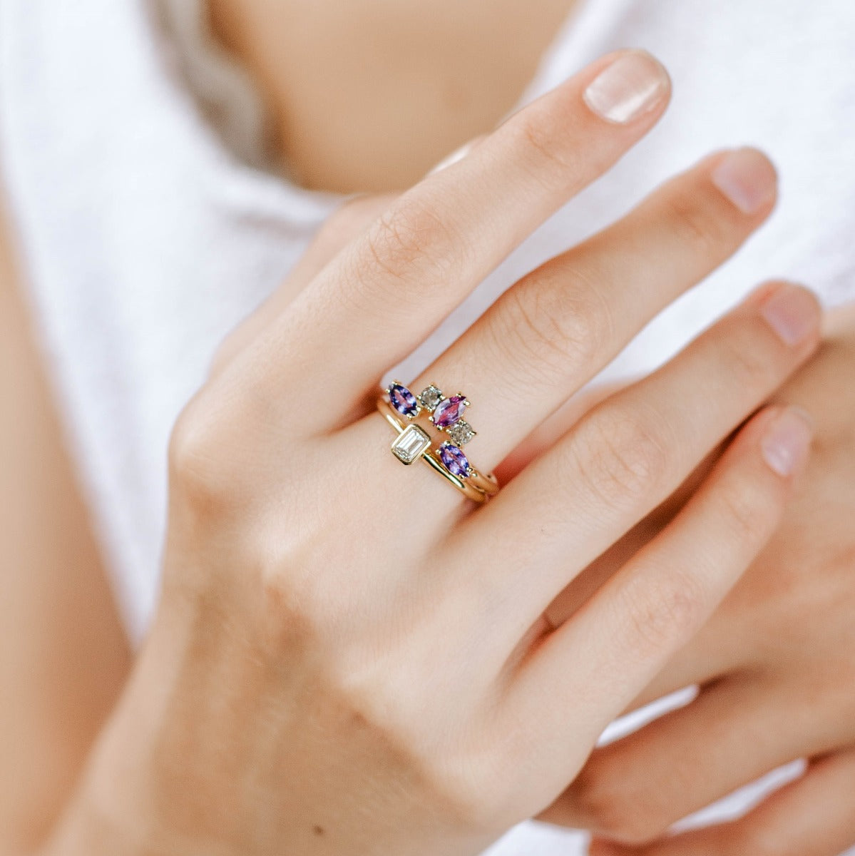 Engagement Ring Set Purple Sapphires Diamonds